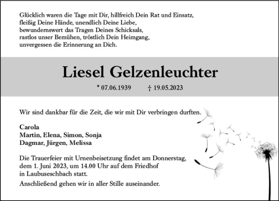 Traueranzeige von Liesel Gelzenleuchter von Weilburger Tageblatt