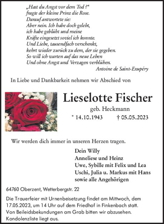 Traueranzeige von Lieselotte Fischer von Odenwälder Echo