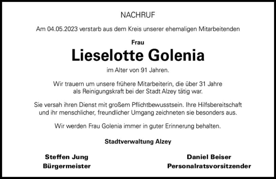 Traueranzeige von Lieselotte Golenia von Allgemeine Zeitung Alzey
