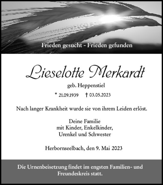 Traueranzeige von Lieselotte Merkardt von Dill Block