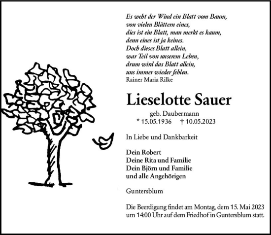 Traueranzeige von Lieselotte Sauer von Allgemeine Zeitung Mainz