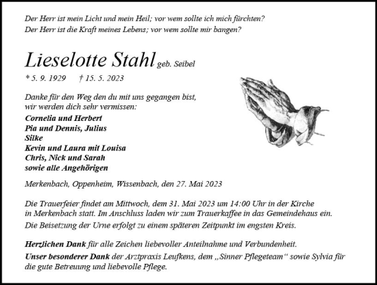 Traueranzeige von Lieselotte Stahl von Dill Block