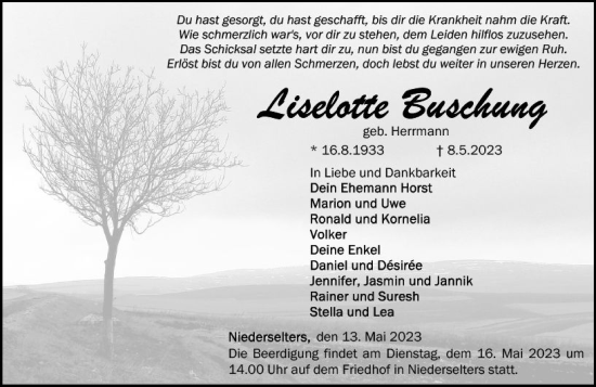 Traueranzeige von Liselotte Buschung von Nassauische Neue Presse