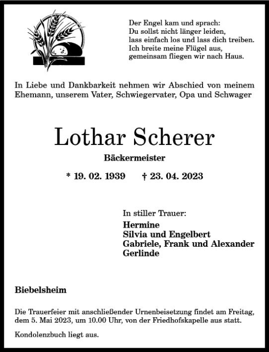 Traueranzeige von Lothar Scherer von Allgemeine Zeitung Bad Kreuznach