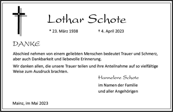 Traueranzeige von Lothar Schote von Allgemeine Zeitung Mainz