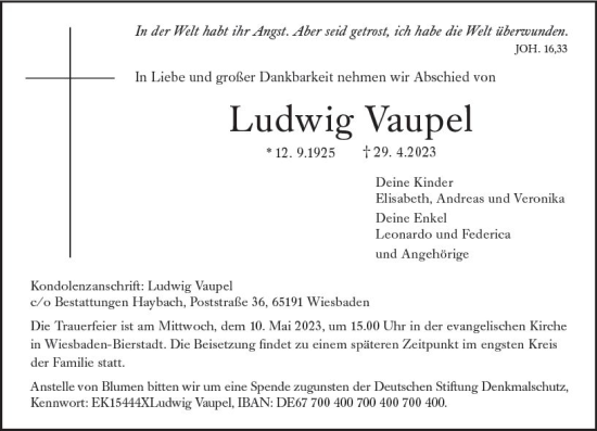 Traueranzeige von Ludwig Vaupel von Wiesbadener Kurier