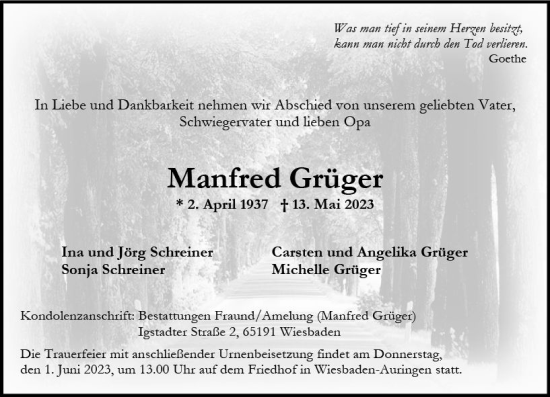 Traueranzeige von Manfred Grüger von Wiesbadener Kurier