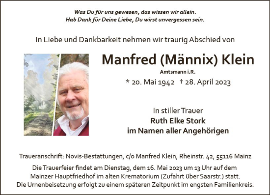 Traueranzeige von Manfred  Klein von Allgemeine Zeitung Bingen/Ingelheim
