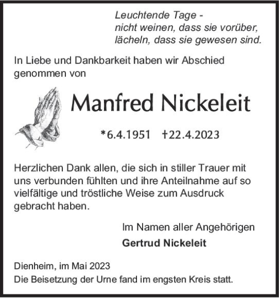 Traueranzeige von Manfred Nickeleit von Allgemeine Zeitung Mainz