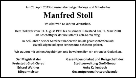 Traueranzeige von Manfred Stoll von Groß-Gerauer Echo