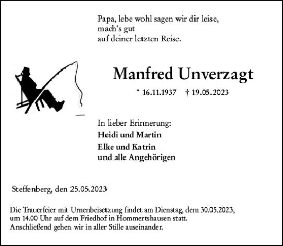 Traueranzeige von Manfred Unverzagt von Hinterländer Anzeiger