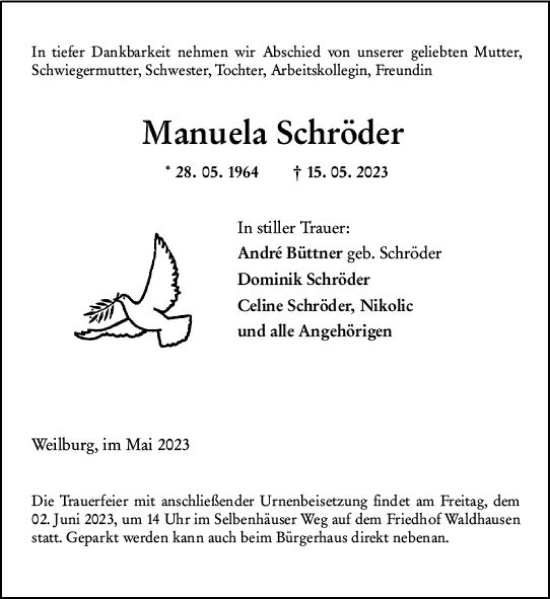 Traueranzeige von Manuela Schröder von Weilburger Tageblatt