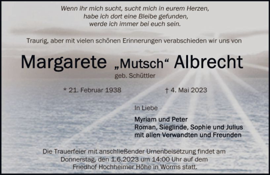 Traueranzeige von Margarete Albrecht von Wormser Zeitung