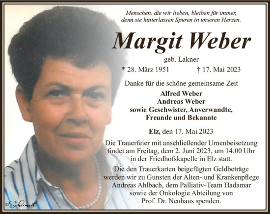 Traueranzeige von Margit Weber von Nassauische Neue Presse