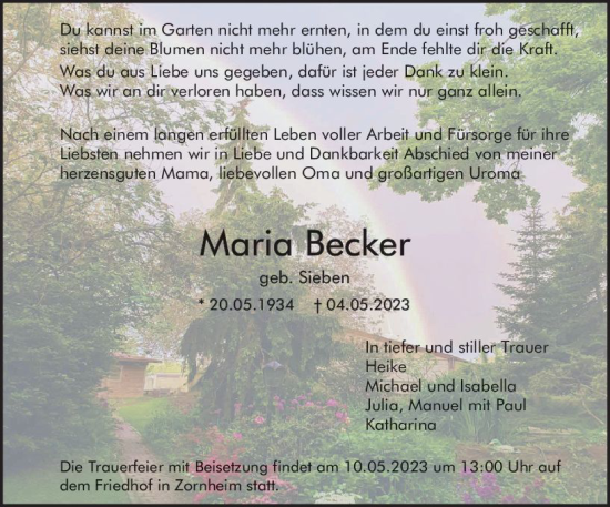 Traueranzeige von Maria Becker von Allgemeine Zeitung Mainz