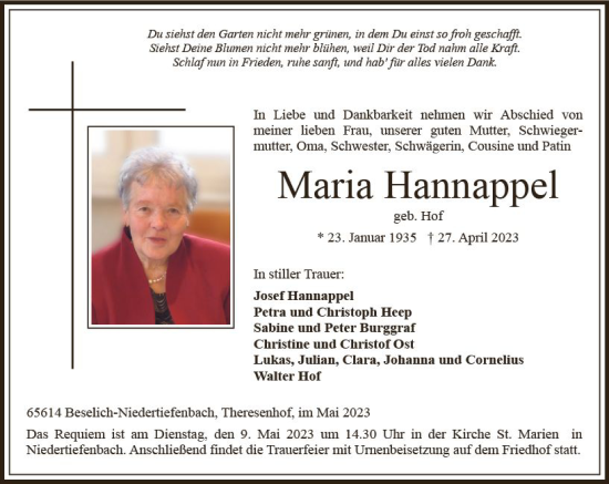 Traueranzeige von Maria Hannappel von Weilburger Tageblatt