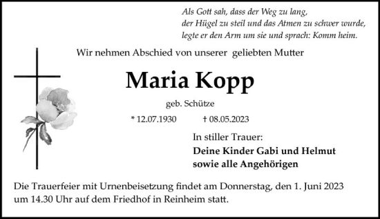Traueranzeige von Maria Kopp von Darmstädter Echo