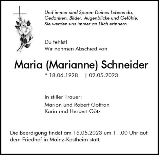 Traueranzeige von Maria Schneider von Allgemeine Zeitung Mainz