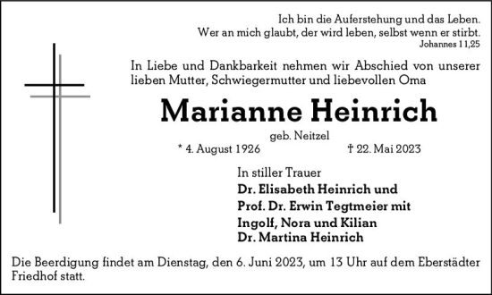 Traueranzeige von Marianne Heinrich von Darmstädter Echo