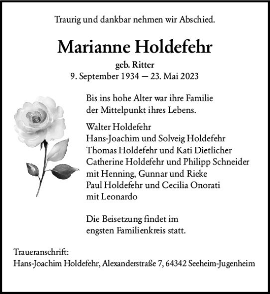 Traueranzeige von Marianne Holdefehr von Wormser Zeitung