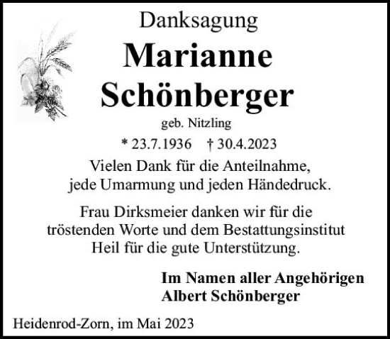 Traueranzeige von Marianne Schönberger von Idsteiner Land/Untertaunus