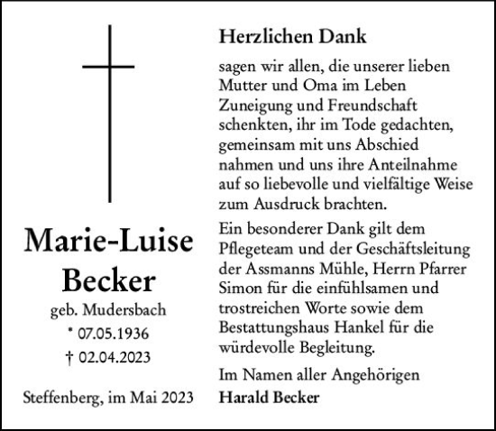 Traueranzeige von Marie-Luise Becker von Hinterländer Anzeiger