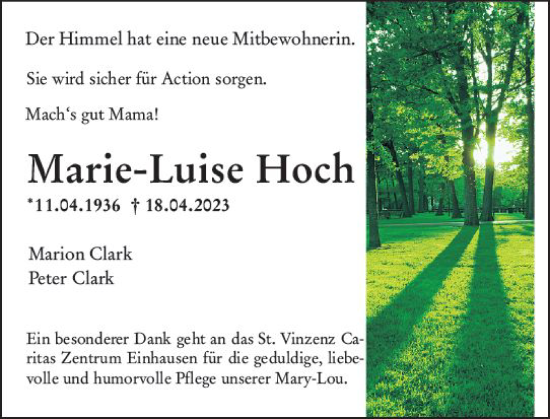 Traueranzeige von Marie-Luise Hoch von Darmstädter Echo