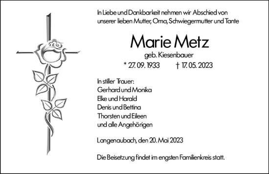 Traueranzeige von Marie Metz von Dill Block