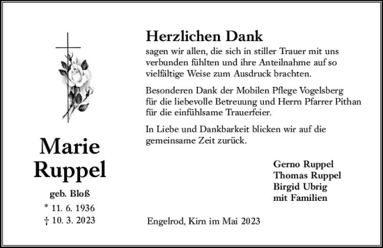 Traueranzeige von Marie Ruppel von VRM Trauer