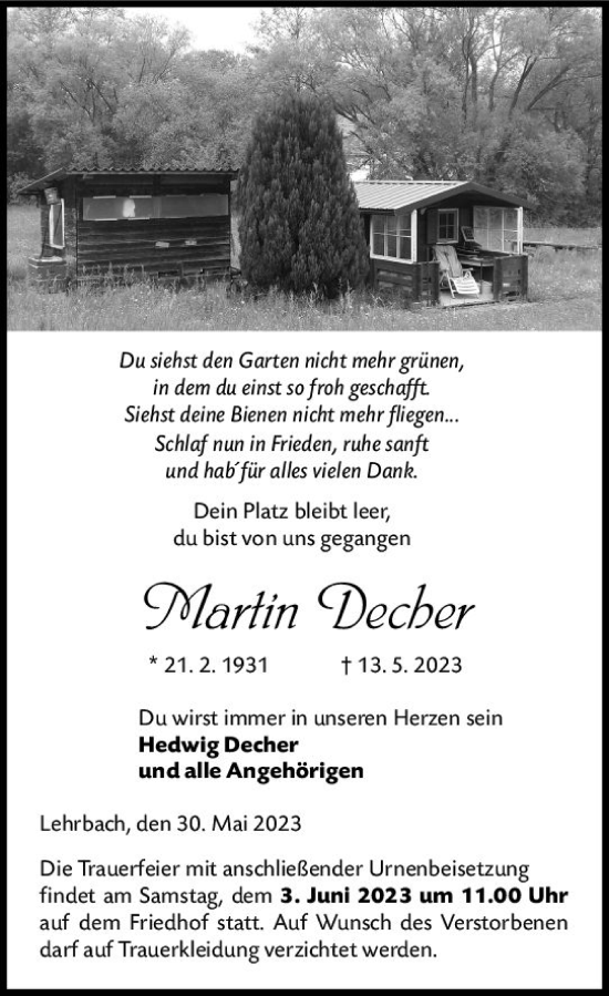 Traueranzeige von Martin Decher von VRM Trauer