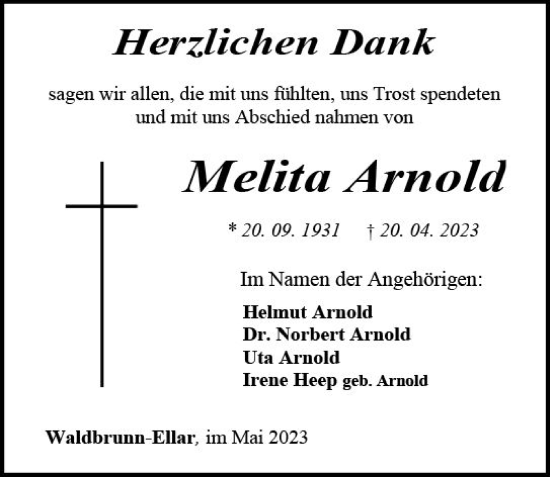 Traueranzeige von Melita Arnold von Nassauische Neue Presse