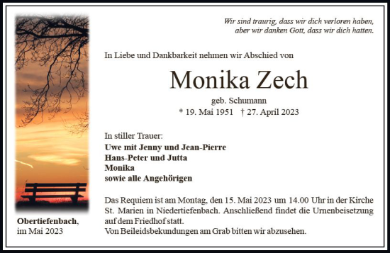 Traueranzeige von Monika Zech von Nassauische Neue Presse