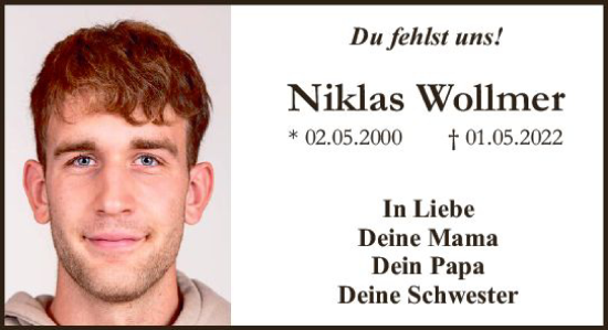 Traueranzeige von Niklas Wollmer von Allgemeine Zeitung Bingen/Ingelheim