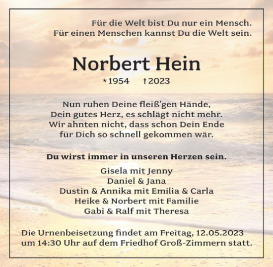 Traueranzeige von Norbert Hein von Dieburger Anzeiger/Groß-Zimmerner Lokal-Anzeiger