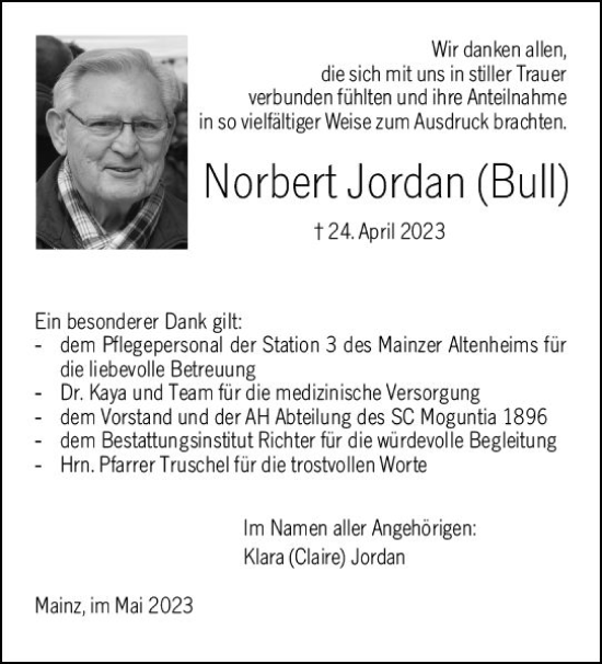 Traueranzeige von Norbert Jordan von Allgemeine Zeitung Mainz