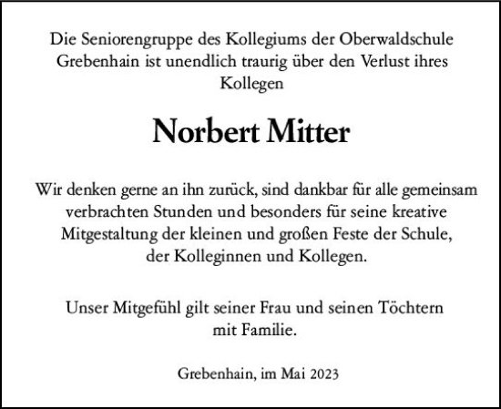Traueranzeige von Norbert Mitter von VRM Trauer