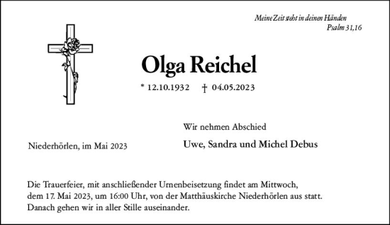 Traueranzeige von Olga Reichel von Hinterländer Anzeiger