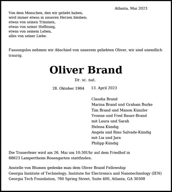 Traueranzeige von Oliver Brand von Wormser Zeitung