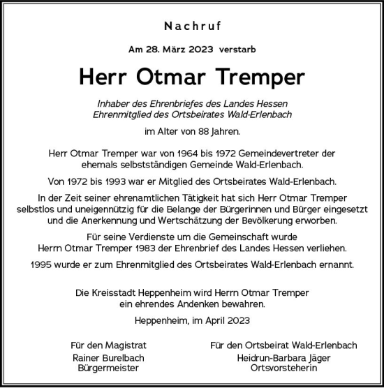 Traueranzeige von Otmar Tremper von Starkenburger Echo