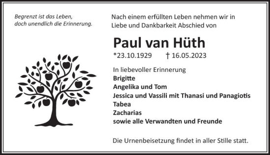 Traueranzeige von Paul  van Hüth von Idsteiner Land/Untertaunus