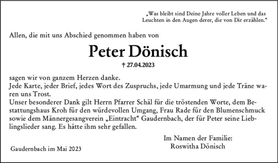 Traueranzeige von Peter Dönisch von Weilburger Tageblatt