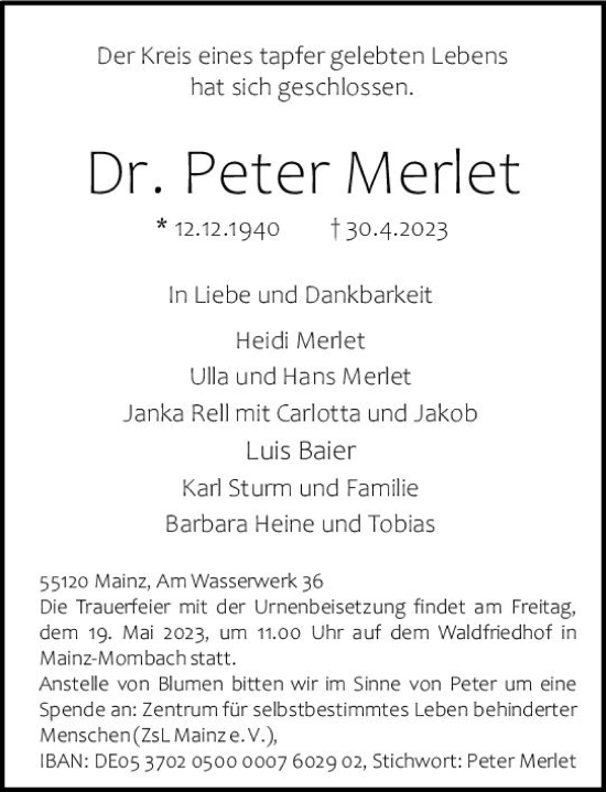 Traueranzeige von Peter Merlet von Allgemeine Zeitung Mainz