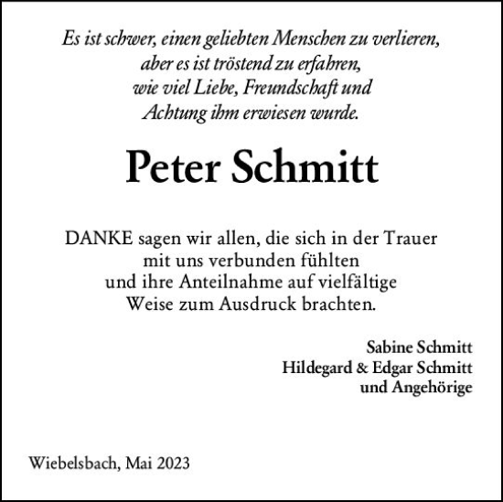 Traueranzeige von Peter Schmitt von Darmstädter Echo