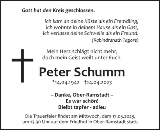 Traueranzeige von Peter Schumm von Darmstädter Echo