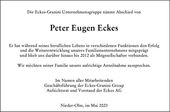 Traueranzeige von Peter Eugen Eckes von Allgemeine Zeitung Mainz