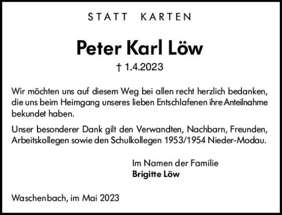 Traueranzeige von Peter Karl Löw von Darmstädter Echo