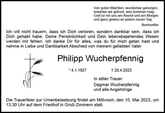 Traueranzeige von Philipp Wucherpfennig von Dieburger Anzeiger/Groß-Zimmerner Lokal-Anzeiger