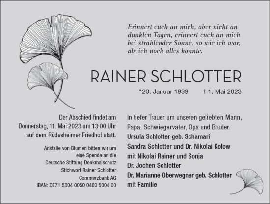 Traueranzeige von Rainer Schlotter von Wiesbadener Kurier