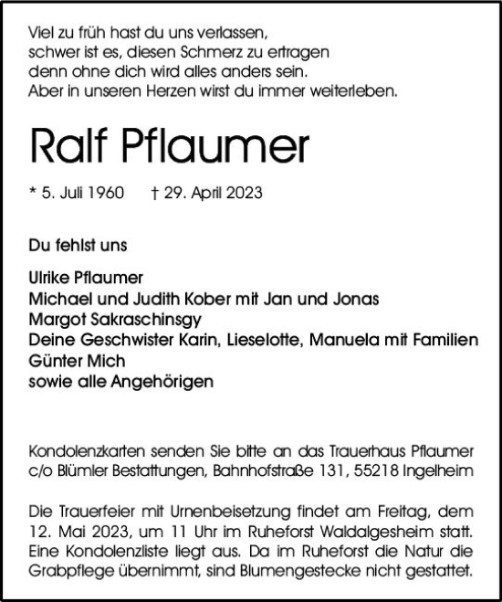 Traueranzeige von Ralf Pflaumer von Allgemeine Zeitung Bingen/Ingelheim