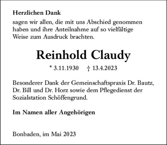 Traueranzeige von Reinhold Claudy von Wetzlarer Neue Zeitung
